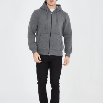 Tam Fermuarlı Kapşonlu  SweatShirt - Füme -